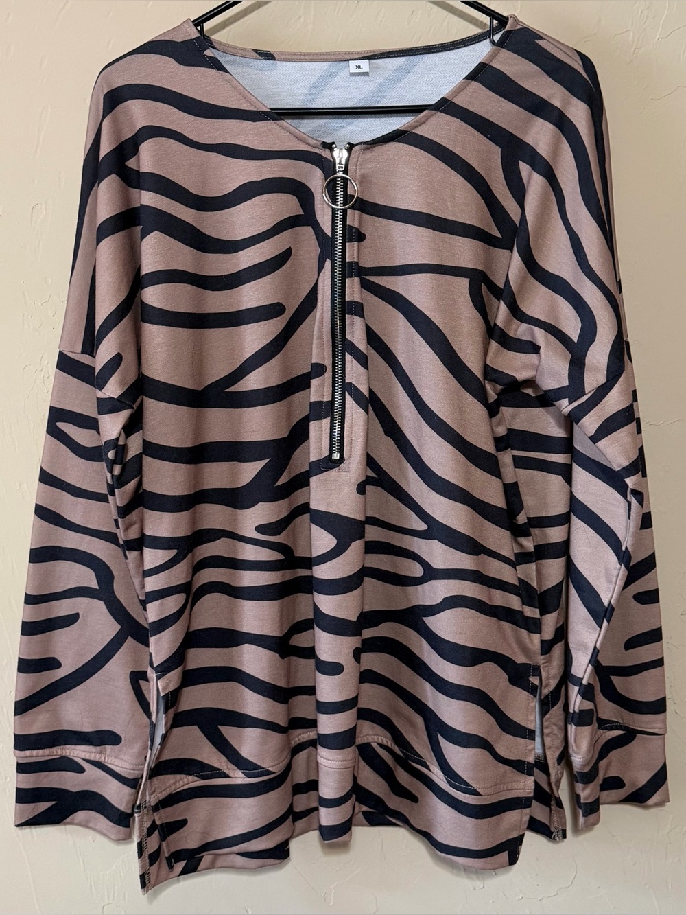 Source Unknown Taupe & Black Zebra-Print Half-Zip Pullover